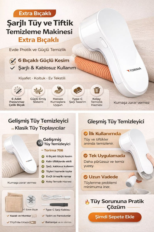 Şarjlı Tüy ve Tiftik Temizleme Makinesi Extra Bıçak Hediyeli